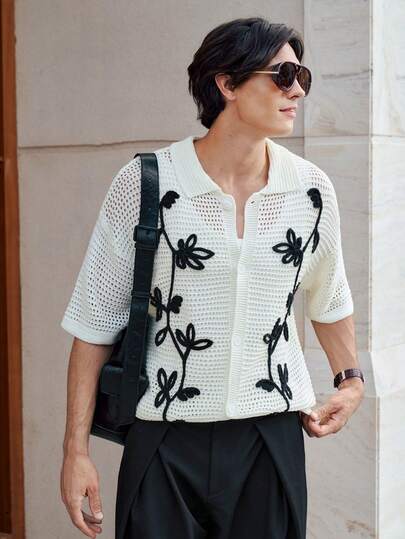 RONVEXI 男士撞色镂空短袖针织上衣