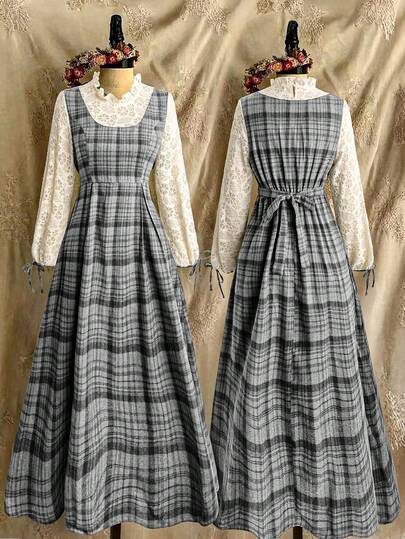 Lyrianda 撞色拼接优雅格纹简约长袖连衣裙