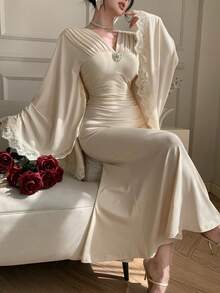 DAZY Đầm dài tay bồng ren thanh lịch dành cho nữ, đầm dự tiệc cưới mùa xuân/hè. - Màu be - Xem 6