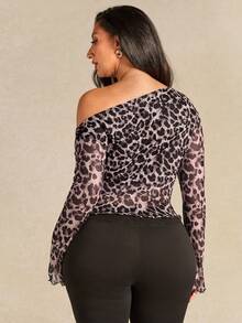 SHEIN BAE Plus Size Women Leopard Print Asymmetrical Neck Drawstring Ruched Fitted Top, Fashionable Streetwear, Spring/Autumn - Dark Grey - View 2
