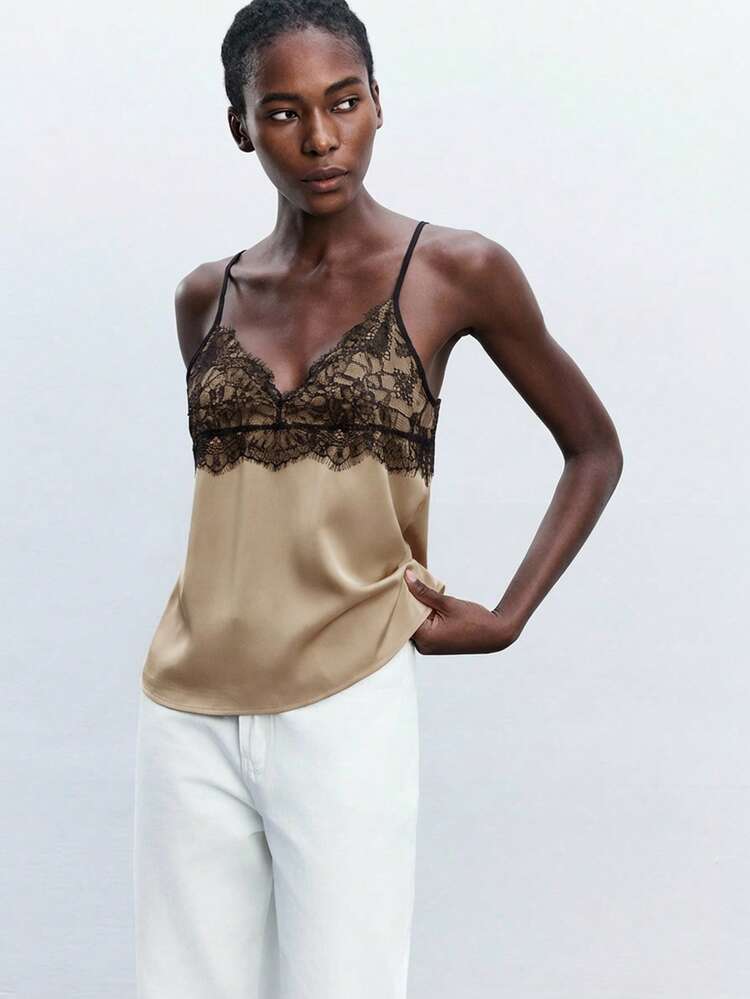 SHEIN Maija Top de camisola con decoración de encaje en el cuello, versátil para el transporte urbano, casual de negocios, elegante para citas, bodas y vacaciones