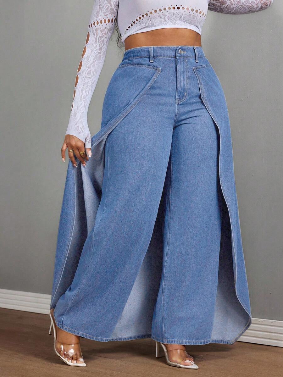 Slaydiva Quần jean nữ cỡ lớn kiểu cao bồi - Màu xanh dương, chất liệu denim không co giãn, dáng ống thẳng, phối nhiều mảnh vải. - Rửa nhẹ - Xem 1