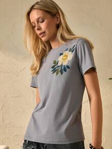 EURMUSE Large Floral Embroidery, Short Sleeve, Statement Chest Design, Feminine Casual Wear, High-Quality Stitching, Boho Collection - Grey - View 4