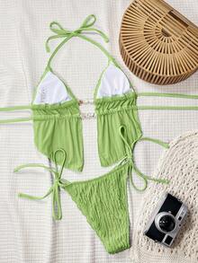 Bonvoyette 女士纯色提花面料吊带露背抽绳系带挂脖性感可爱少女沙滩比基尼泳装套装 - 綠色 - 查看 2