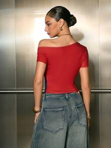 Betty Boop x SHEIN Women's Casual Fashionable Street Cartoon Letter Print Asymmetrical Neck Fitted Cropped T-Shirt, Summer