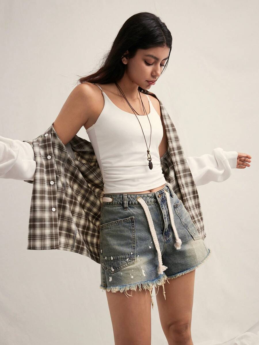 Easelle 女士休闲格子二合一单排扣宽松衬衫 - 卡其色 - 查看 1