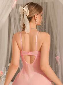 DelicateAllure 情人节粉色蕾丝网纱拼接蝴蝶结薄纱荷叶边内衣套装，精致优雅，性感迷人 - 粉色 - 查看 2