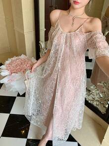 DAZY Women's Floral Mesh Open Shoulder Short Sleeve Loose Long Dress Summer Sundress Cocktail Dress - Apricot - View 4