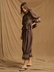 SHEIN ICON Y2k 女士黑色西部波西米亚风度假休闲纯色抽绳灯笼裤，春夏款 - 棕色 - 查看 6