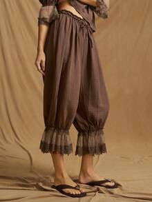 SHEIN ICON Y2k 女士黑色西部波西米亚风度假休闲纯色抽绳灯笼裤，春夏款 - 棕色 - 查看 3