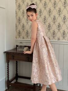 DAZY Tween Girl Floral Jacquard Round Neck Pleated Design Fashionable Elegant Sleeveless Party Dress