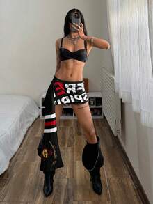 StreetHx 女士黑色做旧印花朋克摇滚休闲运动不对称下摆紧身迷你裙，春夏款 - 黑色 - 查看 3