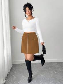 SHEIN Tall CURVE Váy chữ A bó sát thường ngày màu trơn có khóa kéo phía trước dành cho nữ cỡ lớn - màu nâu - Xem 4