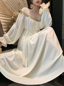 DAZY 女士优雅拼接亮片直筒宽松白色中长连衣裙，秋季婚礼宾客礼服/吊带裙 - 米色 - 查看 7