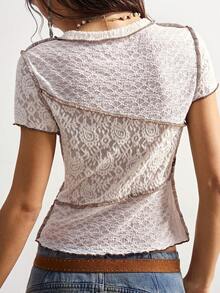 Bohemela BOHO Vacation White Casual Solid Color Fabric Patchwork Contrast Color Knit Splice Women T-Shirt