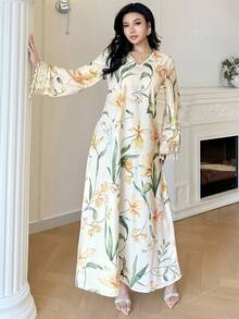 Yasmyna Al-Adha Elegant Ivory Floral Abaya Dress For Women,Long Sleeve V-Neck Modest Maxi With Lace Cuffs,Floral Print Tassel Turkish Arabic Long Robe - Multicolor - View 9