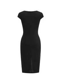 Ellevyn Women's Round Neck Hooded Short Sleeve Knit Dress, Stretchy Fitted Bodycon With Metal Zipper PU Splice Slit, Elegant For Daily Wear, Commute, Office, Spring/Summer Elegant Dresses For Women Summer Outfits Black Dress Summer Dress Women Bodycon Dress Black Sexy Dress Women Black Curve Dress Split Thigh Dress Sexy Curve Dress - Black - View 10