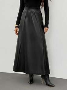 SHEIN Tall 女士优雅长款PU皮裙，秋冬仿皮裙不对称裙 - 黑色 - 查看 7