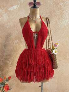 Soleia Autumn/Winter Red Fringe Sexy Women Sweater Mini Dress Summer Spring Valentine's Day Casual Vacation  Beach Wedding Birthday Going Out Elegant Casual Vacation Y2K - Red - View 3