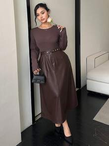 Dazy Plus Plus Size Women Elegant Patchwork PU Cinched Waist Waist Slim Fit Long Dress, Suitable For Commuting, Spring/Autumn - Brown - View 6