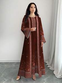 SHEIN Najma 女士复古花卉植物印花红棕色长袖休闲阿拉伯风格套装，春秋季 - 彩色 - 查看 4