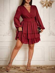 Roveilla Plus Size Women Elegant Deep V Neck Ruched Flounce Hem Mini Dress Dark Red Dress Burgundy Dress Red Ruffle Dress Long Sleeve Elegant Dress Red Wine Dress - Burgundy - View 6