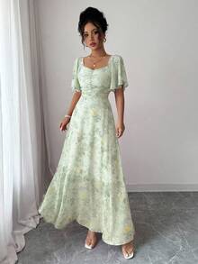 Modelyn Women's Chiffon Butterfly Print Bat Wing Pleated Hem Sweet French Style Mini Dress, Summer - Green - View 5