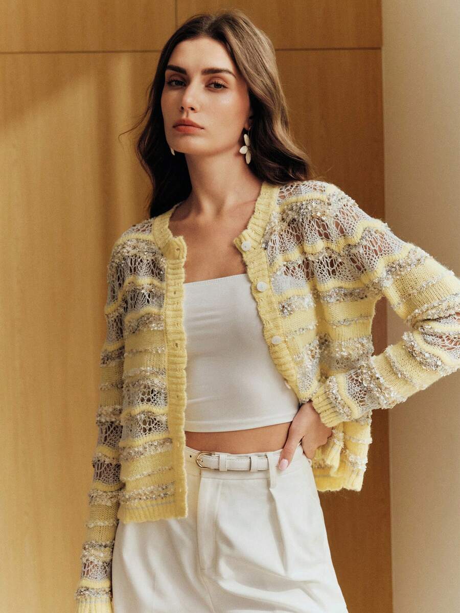 Anewsta 女士镂空设计单排扣长袖休闲针织开衫 - 黃色 - 查看 1