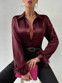 Chiquease Women's Casual Patchwork Fuzzy Cuff Button Front Shirt, Autumn - Burgundy - View 6