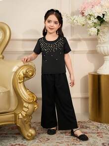 Elladie kids Young Girl Summer Casual Studded Decoration Short Sleeve T-Shirt Girls Black Short Sleeve Top Black Top With Pearls Shirts For Girls Black Girls Tops Party Girls Tops Short Sleeve Tshirts For Kid Girls Kids Girl Tops Kids Black Dresses Young Girls Clothes Blouses For Girls Cute Tops For Girls Kids Clothes For Girl T Shirts For Girls - Black - View 7