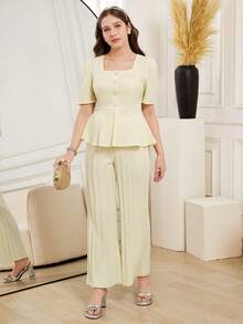 Teen GirlElegant Commuter Style Outfit, Square Collar Short Sleeve Ruffle Hem Blouse + Wide Leg Pleated Pants Set - Apricot - View 8