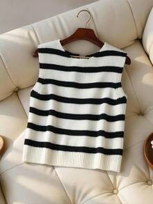 Franclia 早春新款休闲蝴蝶结缎带圆领无袖撞色条纹女式针织上衣 - 彩色 - 查看 6