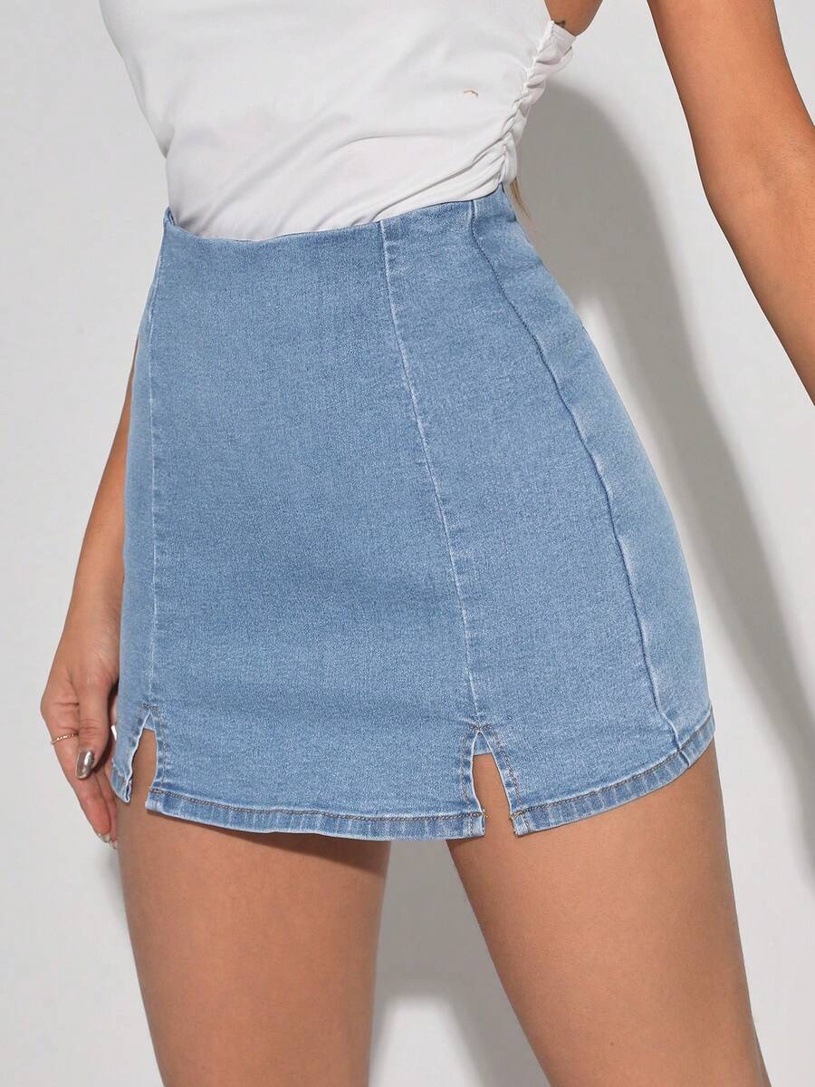 SHEIN Tall Váy quần jean nữ kiểu dáng thường ngày, xẻ tà bên hông, thích hợp cho mùa hè. - Rửa nhẹ - Xem 1