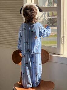 DAZY 2件套幼儿男童卡通条纹印花翻领长袖衬衫和裤子睡衣套装 - 藍色 - 查看 2