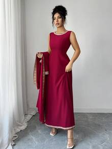 Elenzga Urban Chic New Women's Red Sleeveless Fitted Dress With Gold Ribbon, Loose Long Sleeve Maxi Cover Up, Suitable For Daily Wear, Weddings, Galas, Commute, Graduation Parties, Holidays, Dates, Parties, Halloween, Christmas, New Year, Thanksgiving, Wedding Guest Outfits - Red - View 4