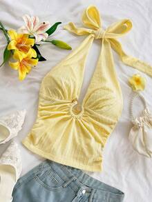 Soleia 新款纹理针织露背吊带上衣，饰有金属装饰，适合派对、约会、情人节、复活节、狂欢节、下午茶、海滩度假、邮轮旅行、城市度假、波西米亚风、浪漫花卉风格等场合。 - 淡黃色 - 查看 5