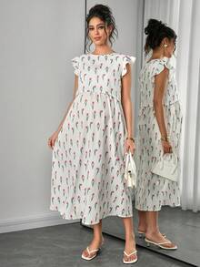 Momance Maternity Floral Print Round Neck Cap Sleeve Nursing Dress - Multicolor - View 5