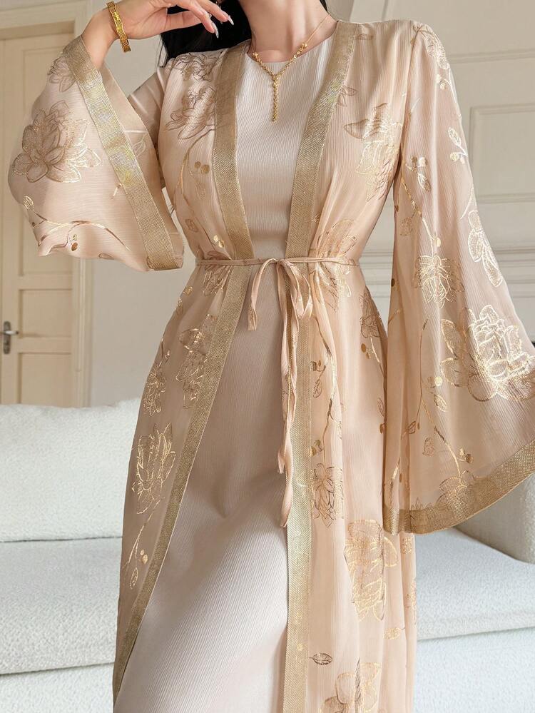 Women's Floral Foil Print Twist Waist Design Casual Party Flare Sleeve Dress Sundress