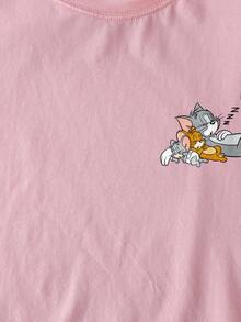 TOM & JERRY X SHEIN Women's Casual Everyday Commute Valentine's Day Cute Cartoon Heart & Letter Graphic Short Sleeve Pink T-Shirt - Pink - View 6