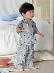 两件套幼儿男童卡通印花翻领休闲衬衫上衣和裤子舒适睡衣套装 - 灰色 - 查看 5