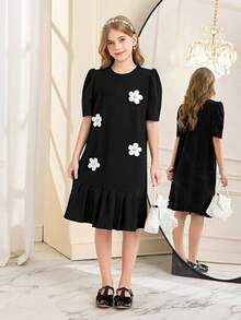 Girls' Sweet & Cool Dress, Black 3D Floral Decor, Short Sleeve Pleated Hem, Spring/Autumn Fashion Patchwork, Cute Outfit For Daily, Party, Outing - Black - View 4