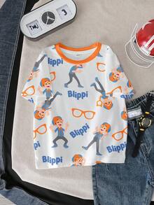 Blippi X SHEIN 男童休闲卡通图案圆领短袖T恤，夏季 - 白色 - 查看 1