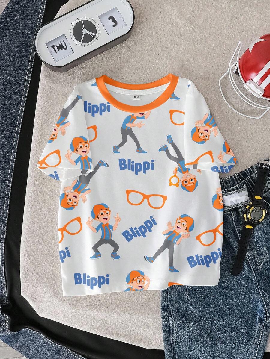 Blippi X SHEIN 男童休闲卡通图案圆领短袖T恤，夏季 - 白色 - 查看 1