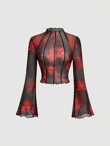 SHEIN MOD Áo lưới đen cỡ lớn dành cho nữ, họa tiết hoa đỏ, chất liệu lưới xuyên thấu màu đen, đường may tương phản, tay chuông, thích hợp cho trang phục cỡ lớn, mùa thu, áo tay chuông cho ngày Valentine. - Đỏ và đen - Xem 5