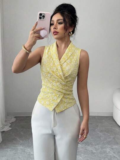 Elenzga Camisa elegante y encantadora para mujer sin mangas con cuello en V y lazo en la cintura, de tela de gasa