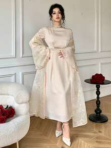 DAZY Women's Elegant Rhinestone Embellished Round Neck Dress With Flare Sleeves Shirt, 2 Pieces Set, Spring/Summer - Apricot - View 10