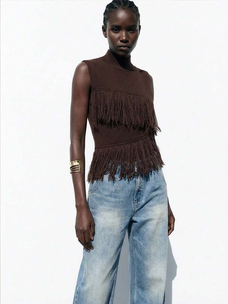 SHEIN Maija Women's Solid Color Sleeveless Knit Top With Tassel Decor And Asymmetric Hem Design, Showcasing Fashionable Personalized. Classic Brown Color, Minimalist Yet Detailed, Suitable For Urban Commute, Business Casual And Office Wear. Vacation Summer Going Out Graduation
