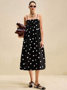 Muvela Women's Polka Dot Spaghetti Strap Dress, Fashionable Summer Vacation Dress, Elegant Ladies Summer Dress - Black - View 5