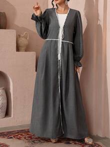 Al Najma Women's Elegant Ribbon Patchwork Tie-Up Gray Robe - Grey - View 7