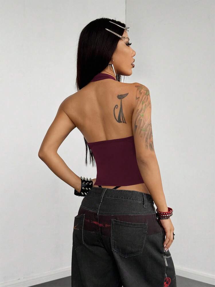 StreetHx Women's Metal Decor Front Button Backless Halter Top - Hot Pink - View 2